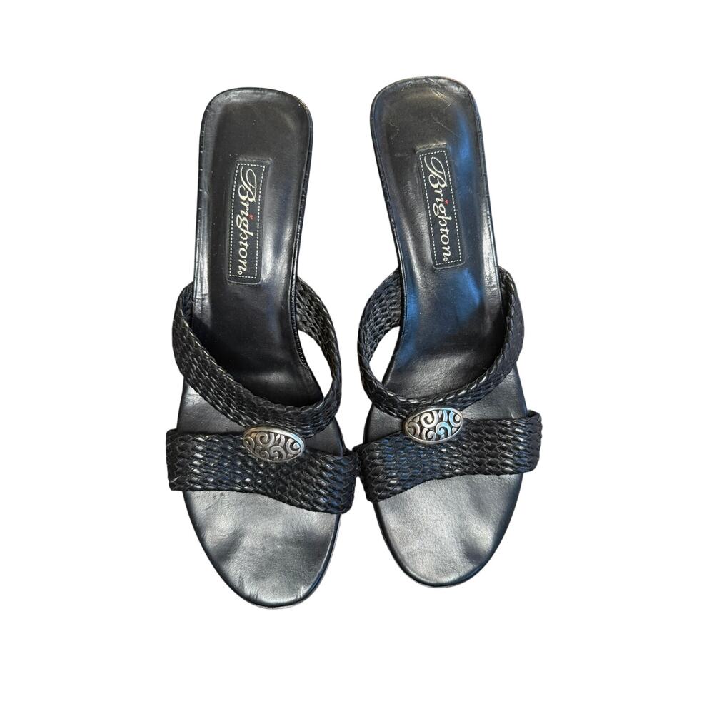 Brighton Denise Black Woven Leather Slide Sandals | Size 8 M | Silver Concho